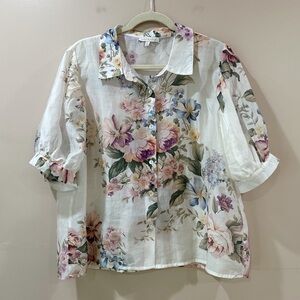 NWT Lucky & Coco Women's XL Floral Print Button Up Puff Sleeve Top Multicolor